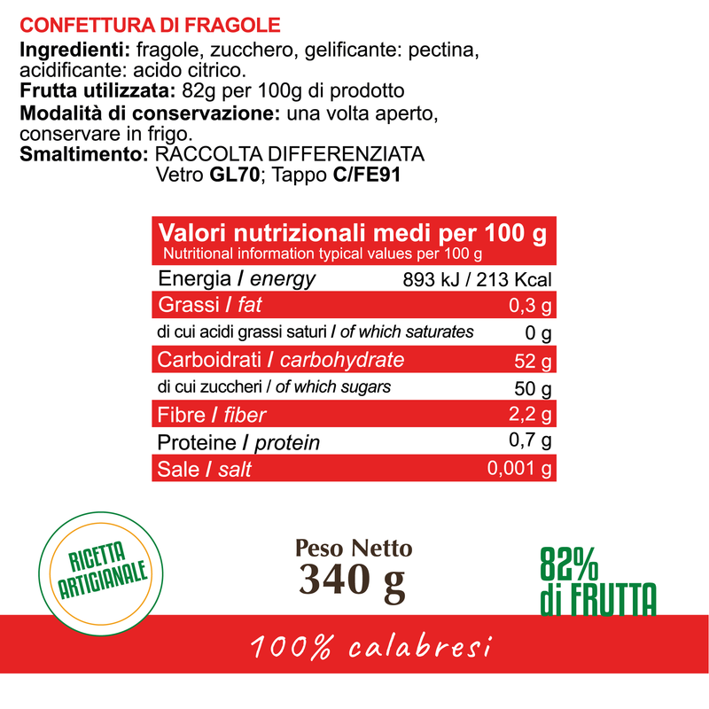 Marmellata di Fragole - Ricetta artigianale calabrese - peso 340g